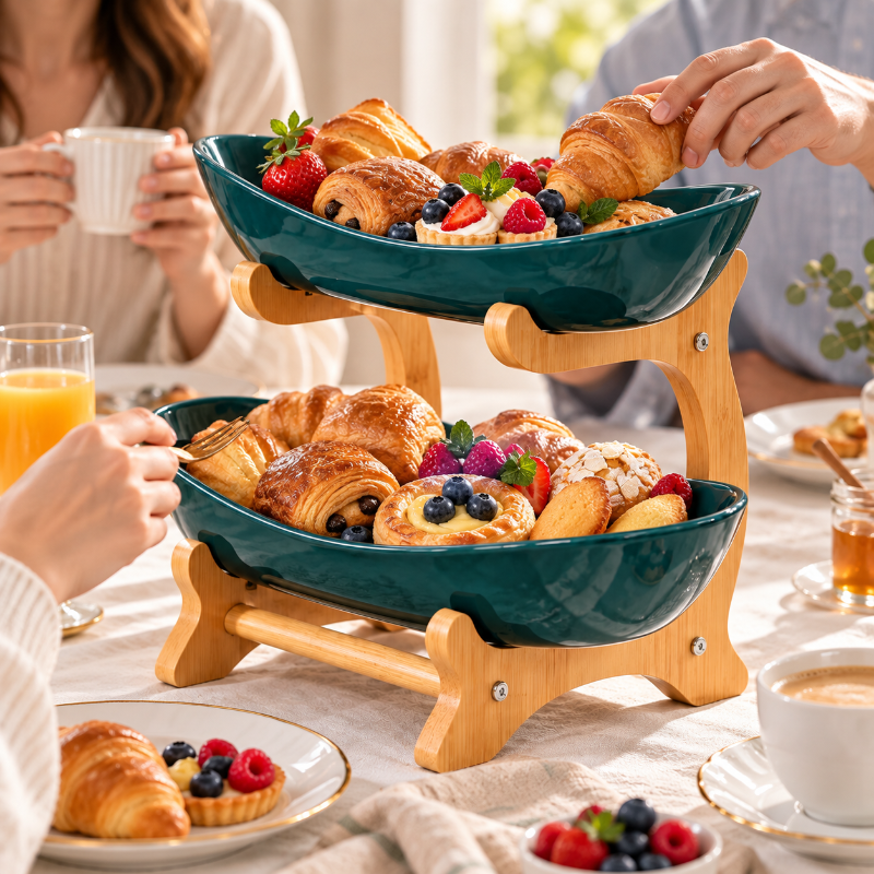presentoir a vert profond 2 étages petit-déjeuner raffiné avec des personnes autour