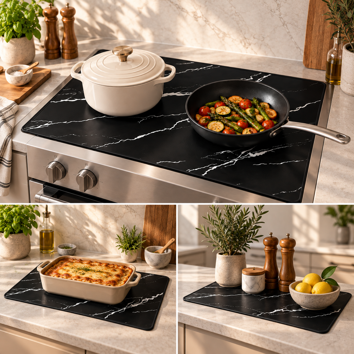 Triptyque de cuisine avec tapis marbré noir
