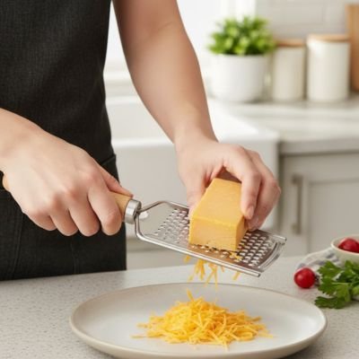 Râpe à fromage en utilisation dans une cuisine sur un plan de travail