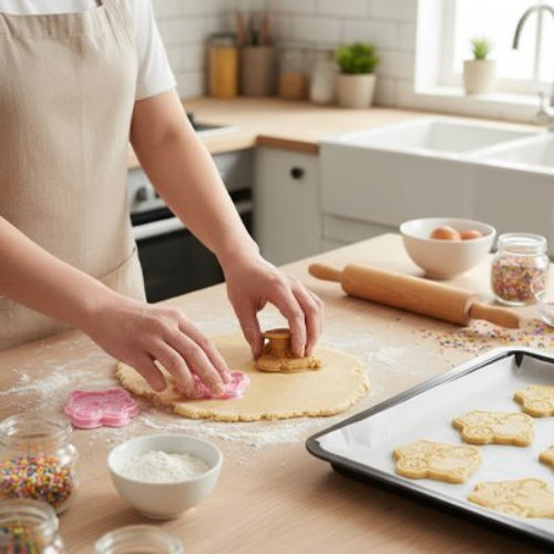 une-maman-qui-decoupe-des-formes-de-biscuits-avec-Emporte pièce