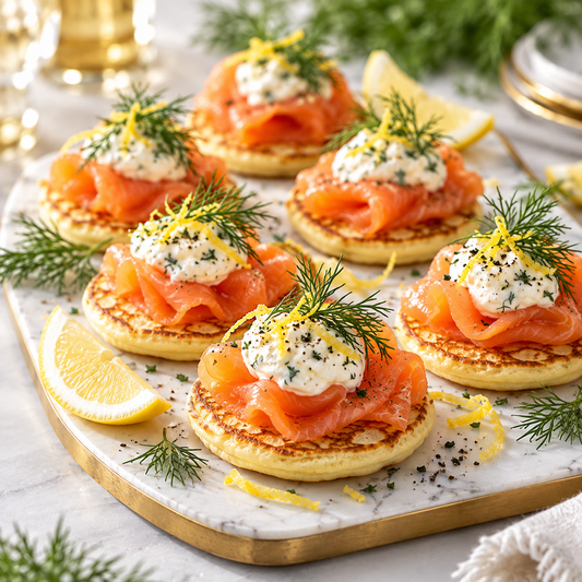 Blinis au saumon fumé servis avec citron et aneth