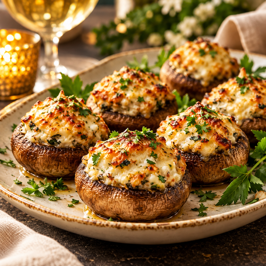 Champignons farcis au fromage servis chauds avec persil frais