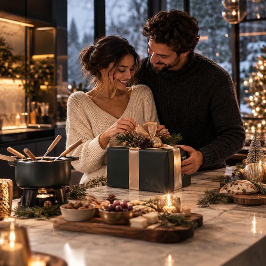 Couple découvrant un coffret café de Noël avec bouilloire et accessoires élégants