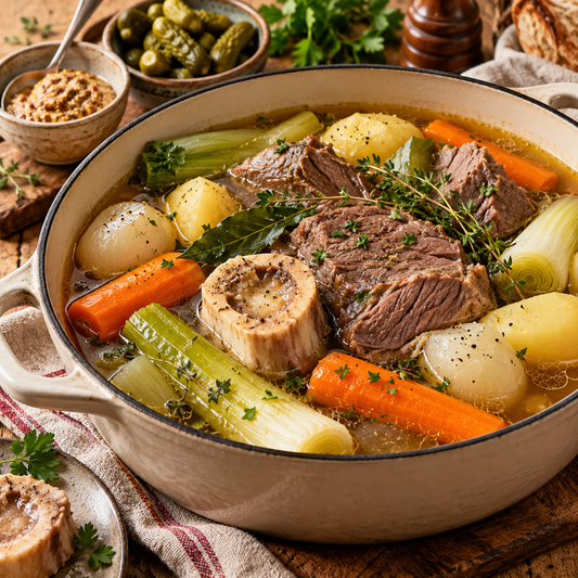 Pot au feu traditionnel servi avec bœuf tendre légumes et bouillon clair