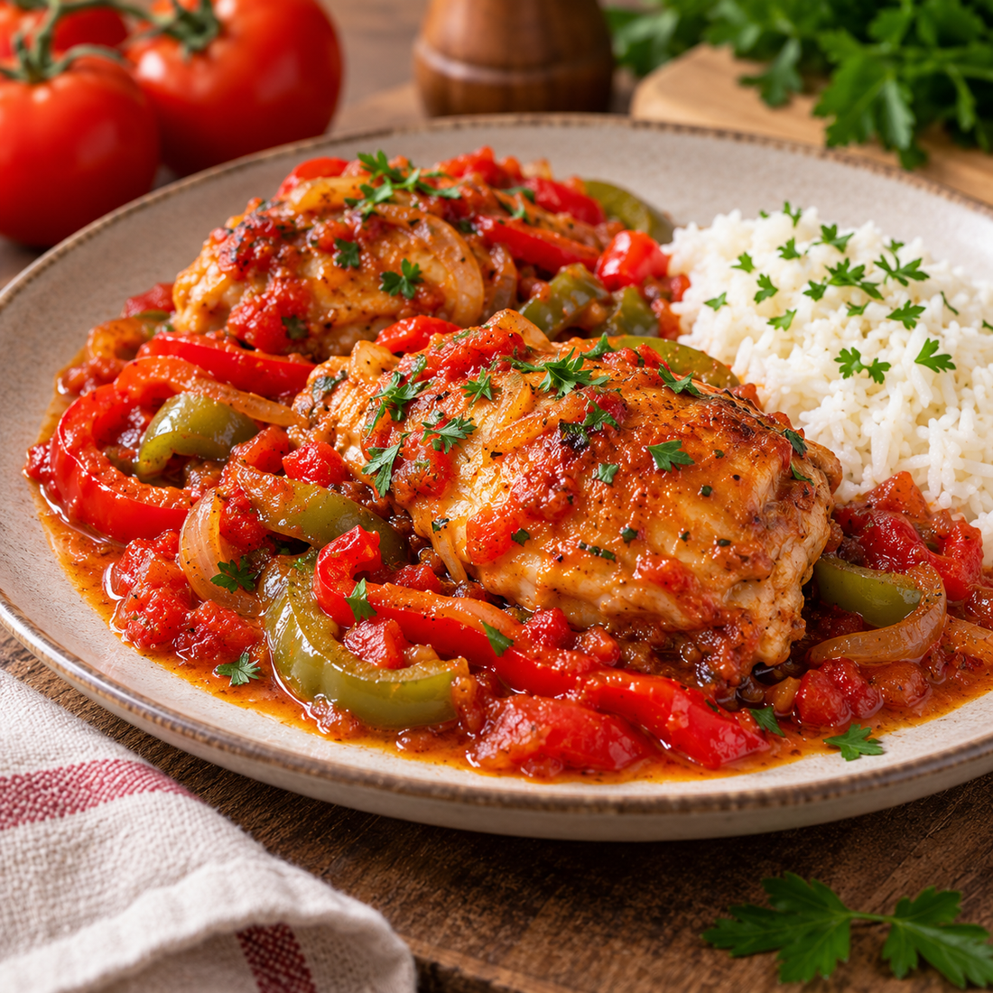 Poulet basquaise servi avec sa sauce aux poivrons et tomates