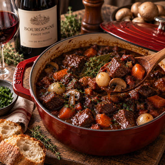 Bœuf bourguignon traditionnel : viande fondante et sauce profonde