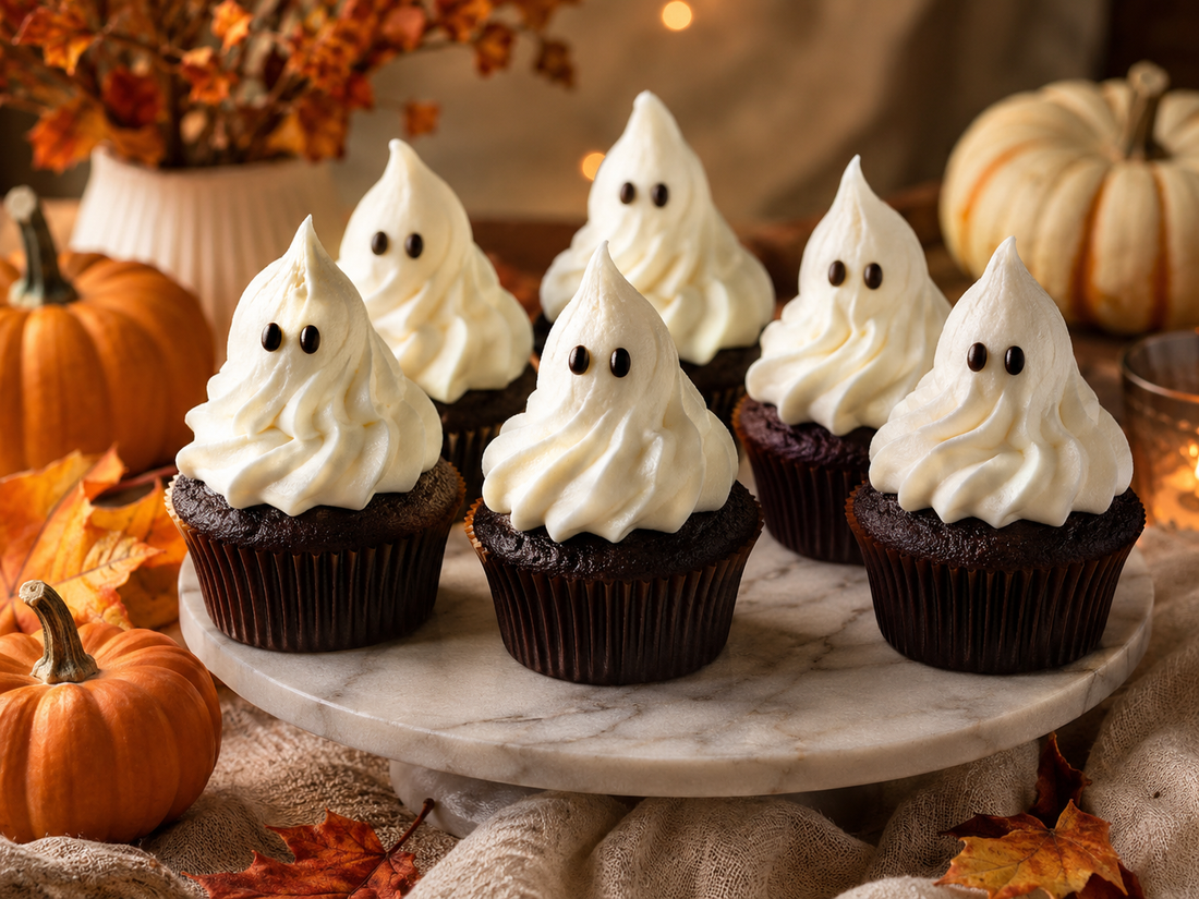 Cupcakes fantômes Halloween au chocolat décorés de crème mascarpone