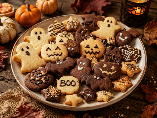 Sablés Halloween vanille et chocolat décorés avec des emporte-pièces