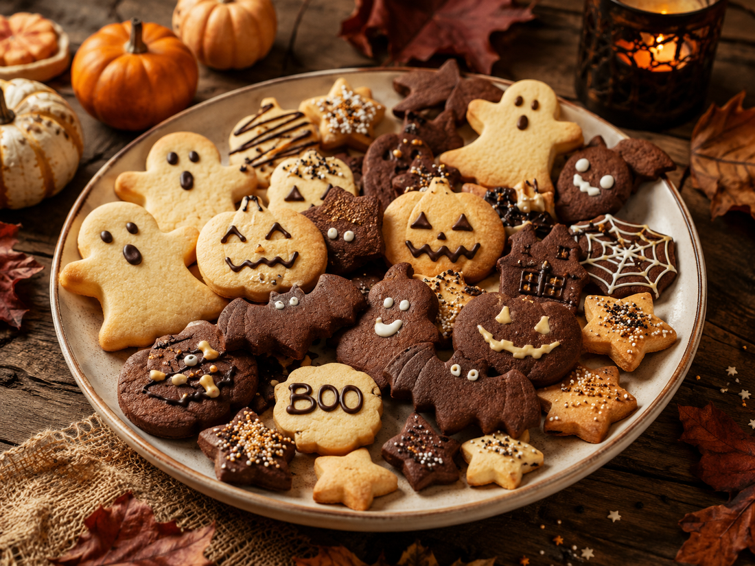 Sablés Halloween vanille et chocolat décorés avec des emporte-pièces