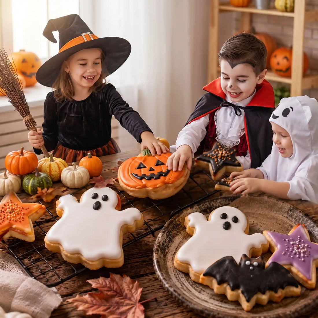 sablés Halloween avec emporte-pièces, enfants déguisés