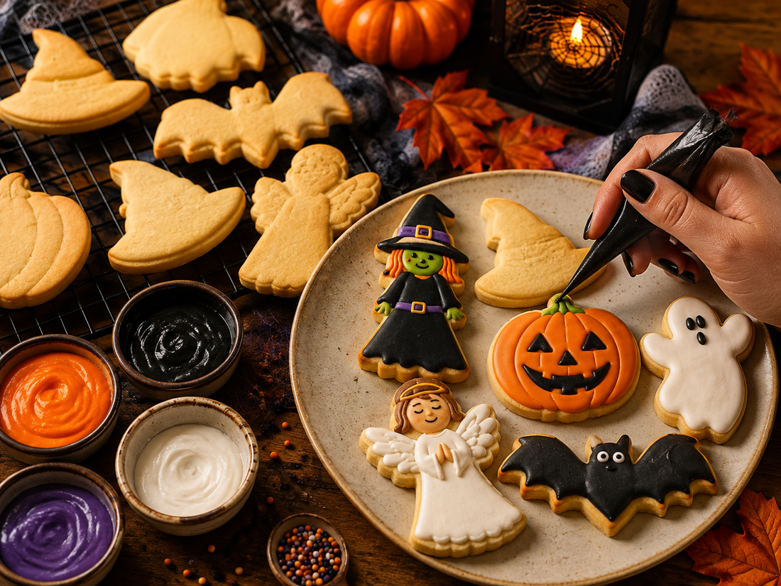 Biscuits d'Halloween décorés : sorcière, citrouille, ange et chauve-souris