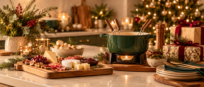 Idées cadeaux cuisine pour Noël avec fondue, plateau de service et décoration festive