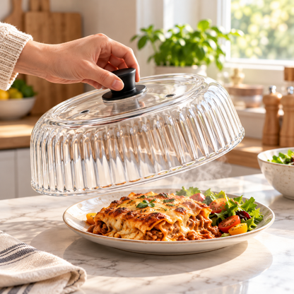 ClochedeprotectionenverretransparentsCloche de protection en verre transparent soulevee au-dessus dune assiette de lasagnes chaudes