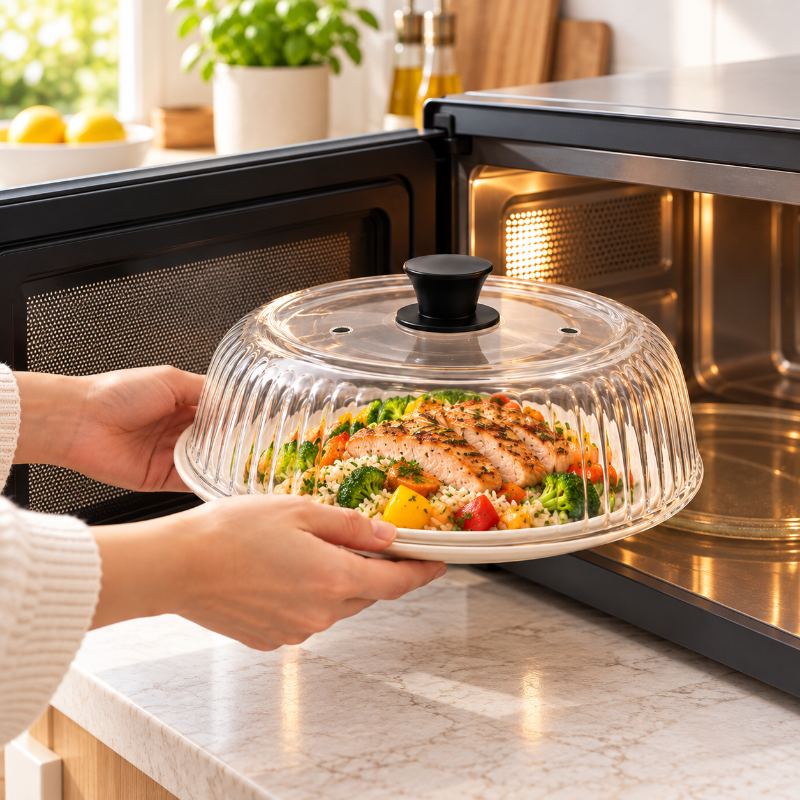 Cloche micro-ondes striee avec poignee noire recouvrant une assiette de saumon et legumes rotis