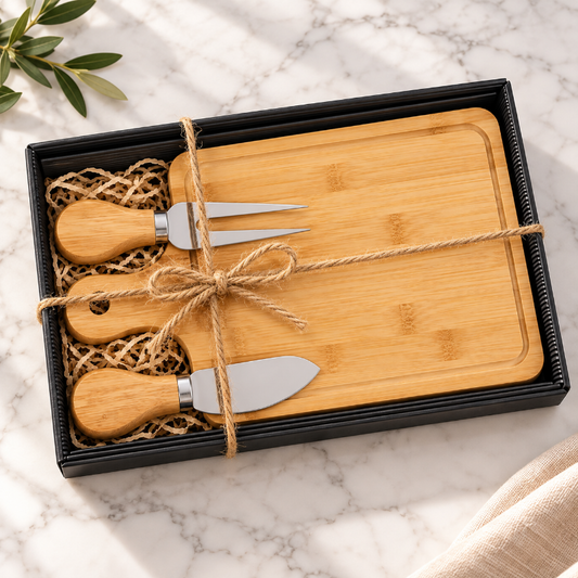 Coffret plateau à fromage en bambou avec deux ustensiles, prêt à offrir.
