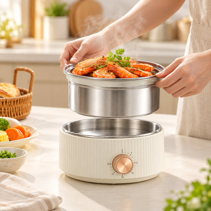Cuiseur vapeur electrique avec panier inox amovible pour servir des crevettes vapeur