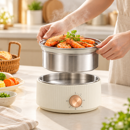 Cuiseur vapeur electrique avec panier inox amovible pour servir des crevettes vapeur