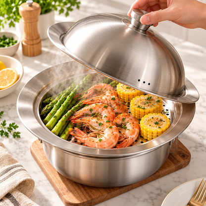 Cuiseur vapeur inox 304 avec crevettes, asperges et maïs – cuisson vapeur homogène et appétissante