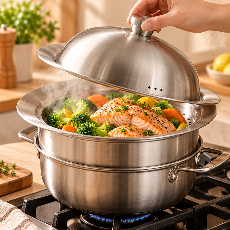 Cuiseur vapeur inox avec couvercle ouvert, saumon et légumes vapeur – cuisson saine et saveurs préservées