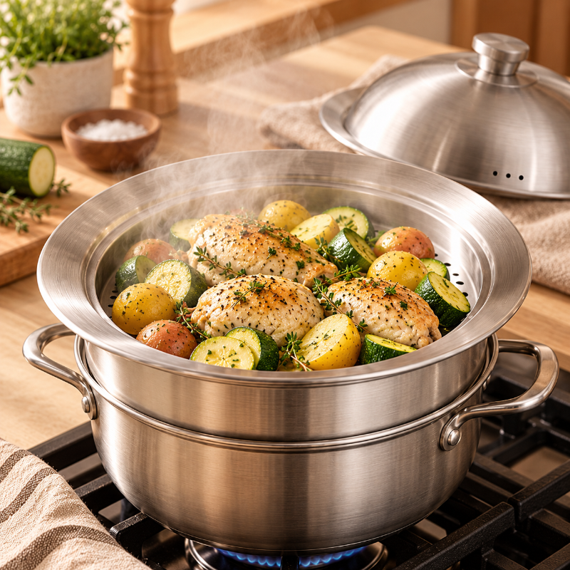 Cuiseur vapeur inox en action avec poulet, courgettes et pommes de terre – repas complet cuit à la vapeur