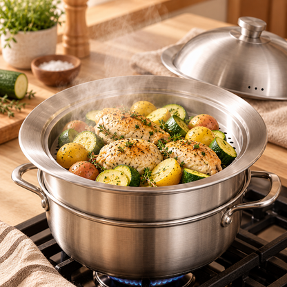 Cuiseur vapeur inox en action avec poulet, courgettes et pommes de terre – repas complet cuit à la vapeur