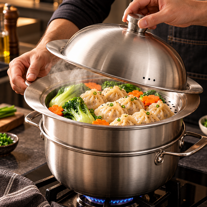 Cuiseur vapeur inox sur casserole avec raviolis vapeur et légumes – couvercle relevé et vapeur maîtrisée