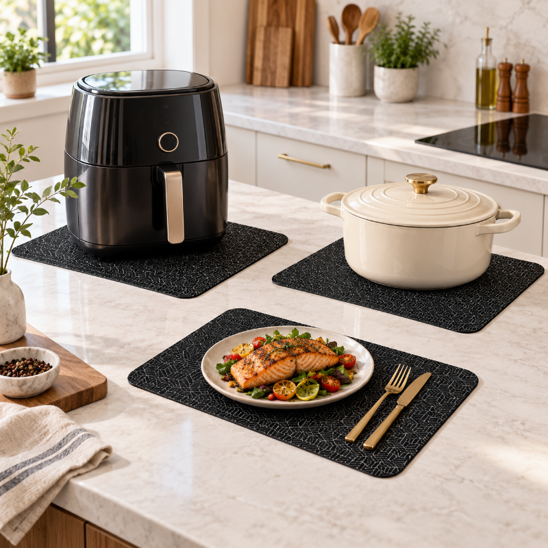 Cuisine moderne avec tapis de cuisson noirs
