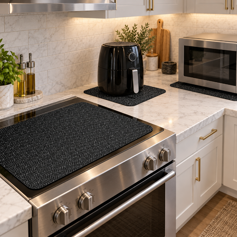 Cuisine moderne avec tapis géométriques noirs