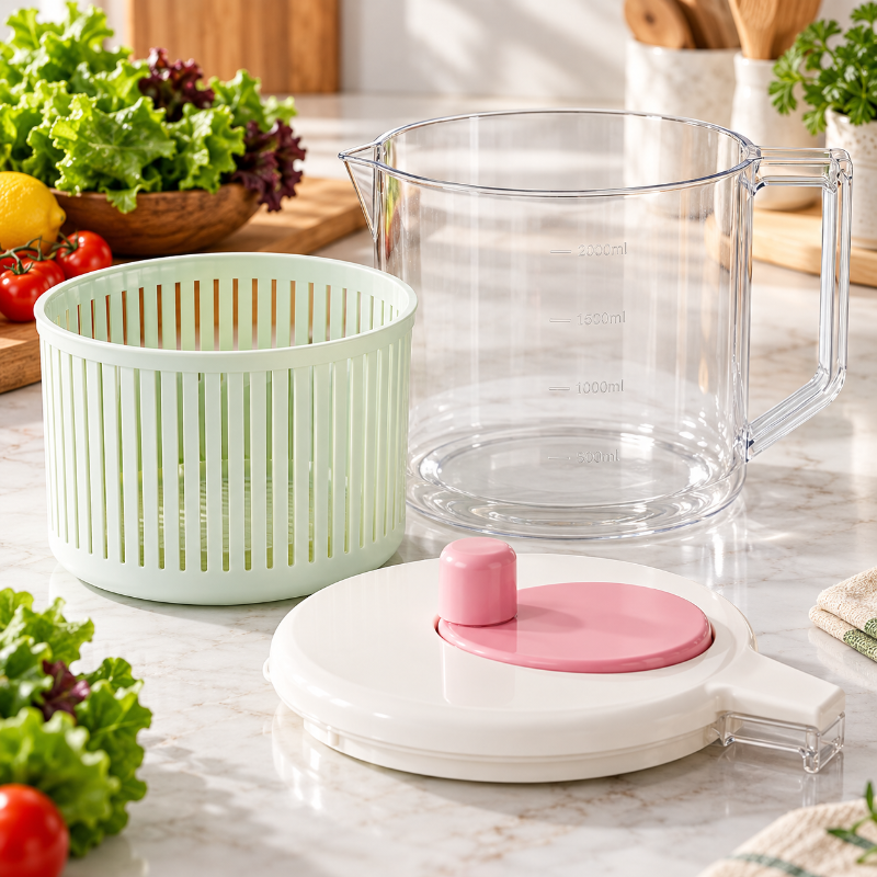 Essoreuse à salade démontée avec panier amovible pichet transparent et couvercle rotatif