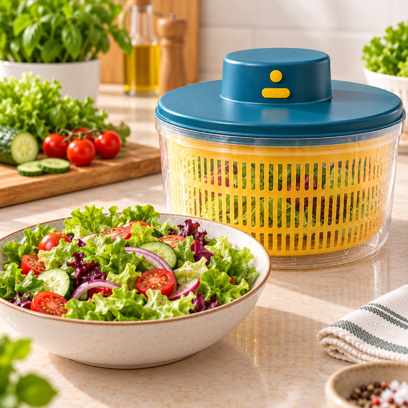 Essoreuse a salade electrique avec salade fraiche et croquante servie dans un saladier