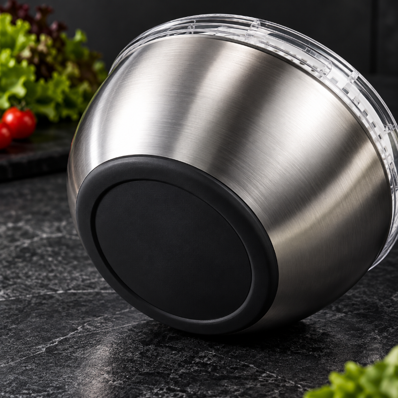 Essoreuse a salade inox avec base antiderapante assurant une bonne stabilite pendant l'essorage