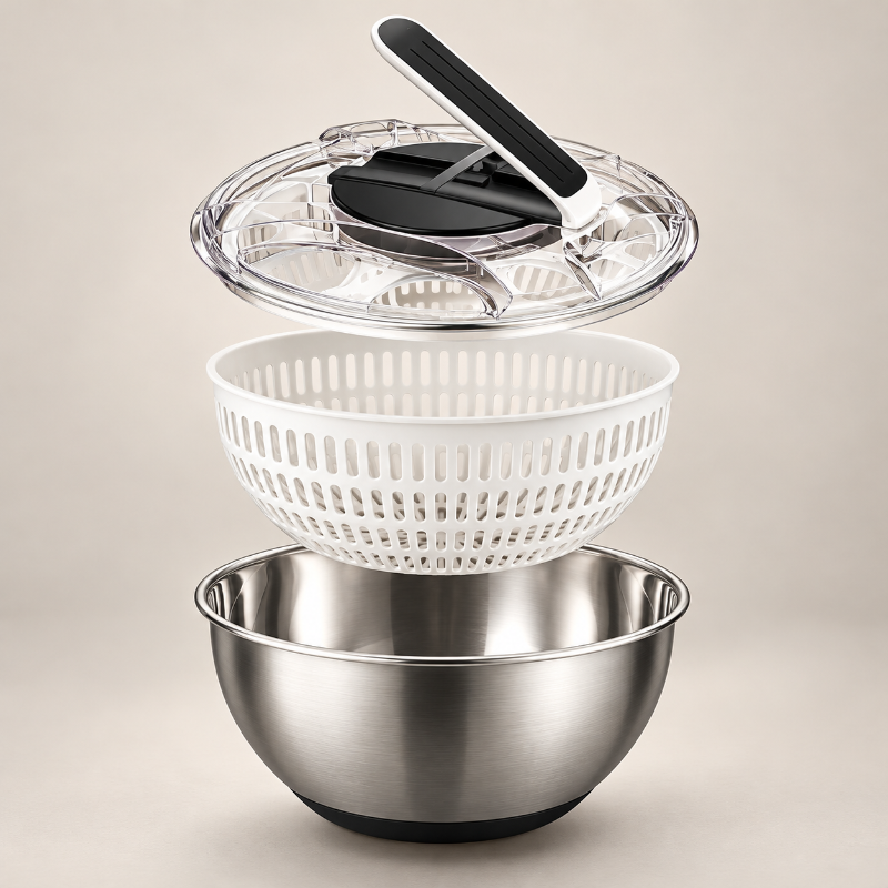 Essoreuse a salade inox demontable avec panier amovible pratique pour laver egoutter et nettoyer facilement