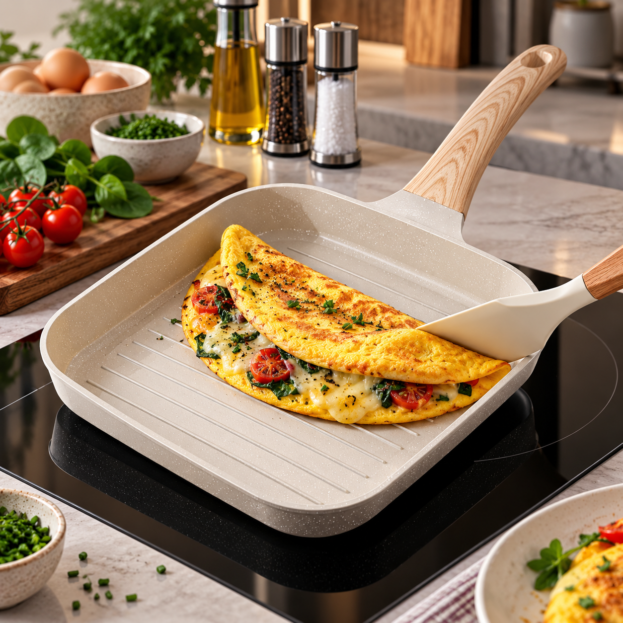 Omelette doree dans une poele grillagee