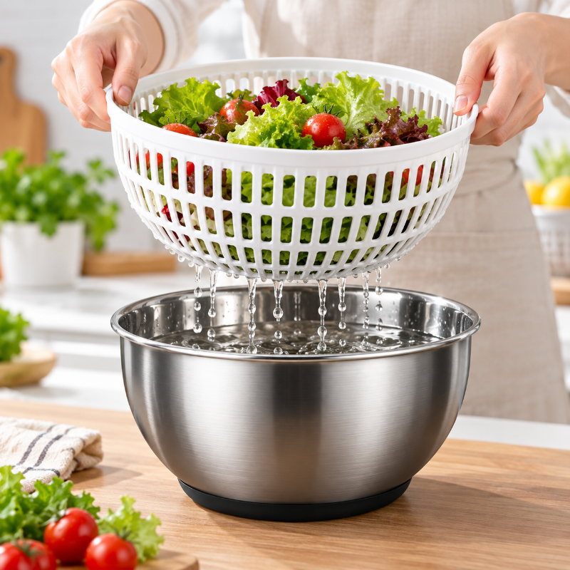 Panier amovible dessoreuse a salade inox parfait pour egoutter facilement et gagner du temps en cuisine