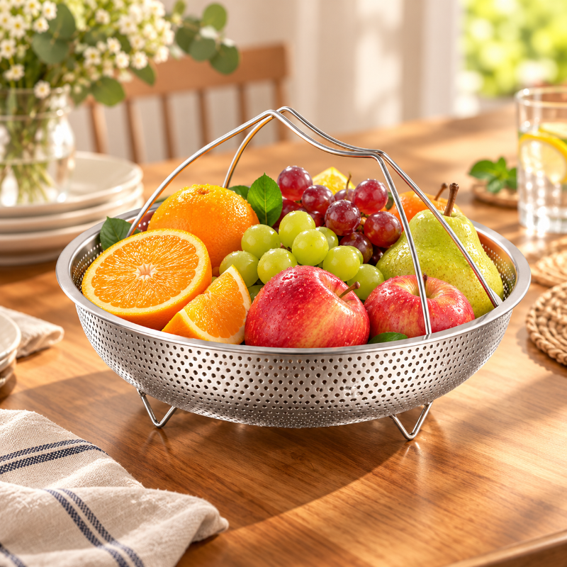 Panier multifonction en inox avec fruits frais, utilisable pour égoutter et présenter les aliments