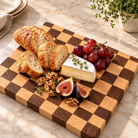 Planche à découper damier en bois de bout avec pain, fromage et fruits.png
