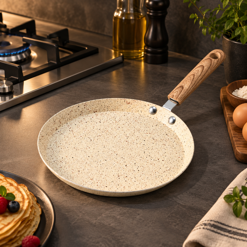 Poêle à crêpes beige dans une cuisine chaleureuse