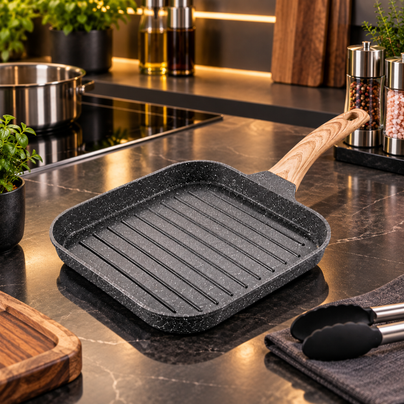 Poele griller a manche enbois sur-comptoir moderne 