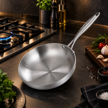 Poele inox en acier inoxydable ambiance cuisine raffinee