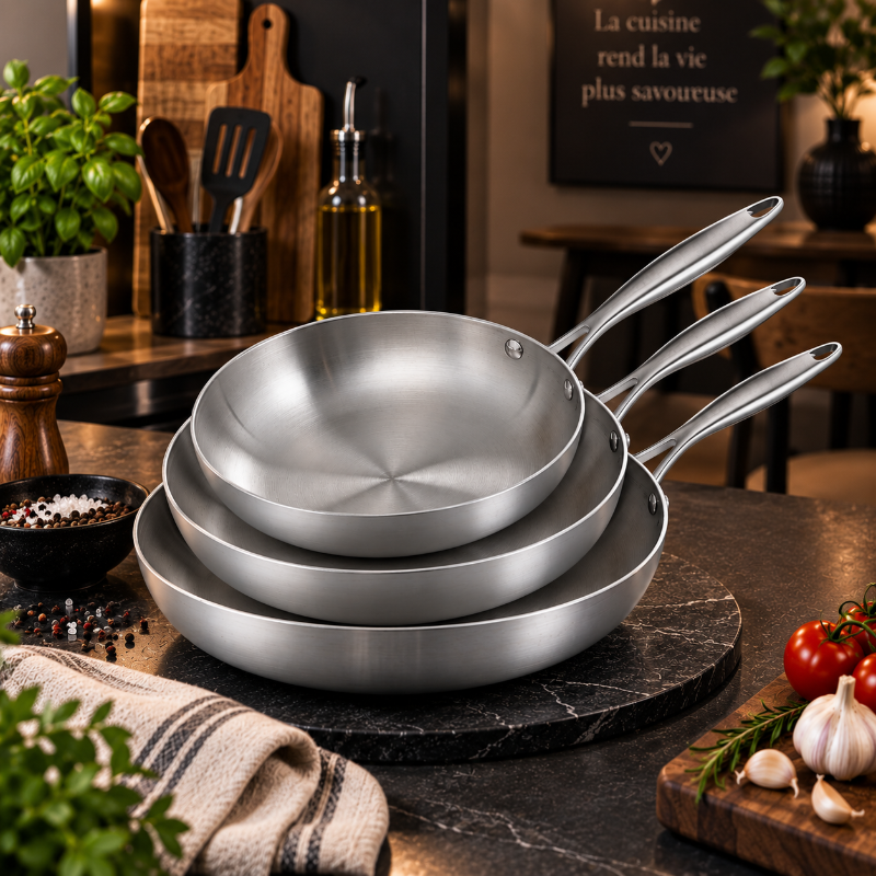 Poêles en inox dans une cuisine chaleureuse