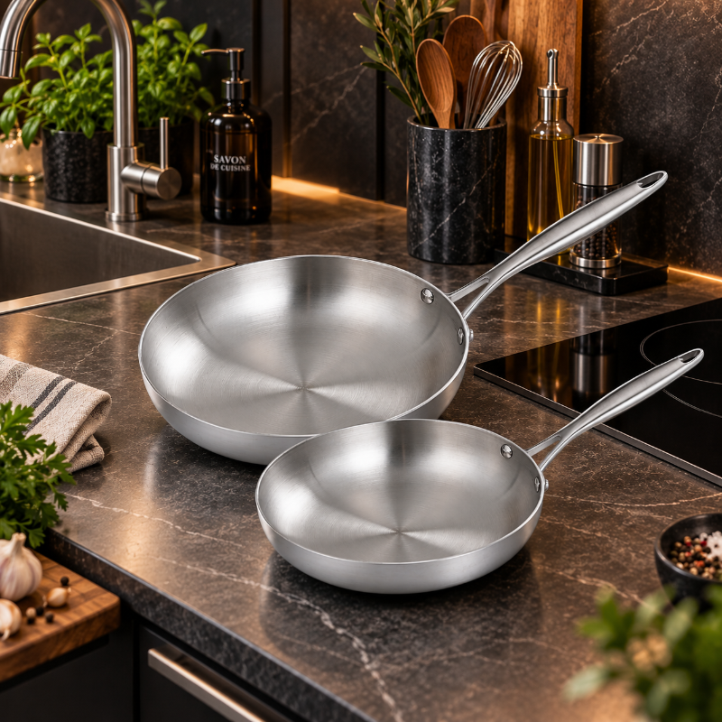 Poeles en inox dans une cuisine moderne.png
