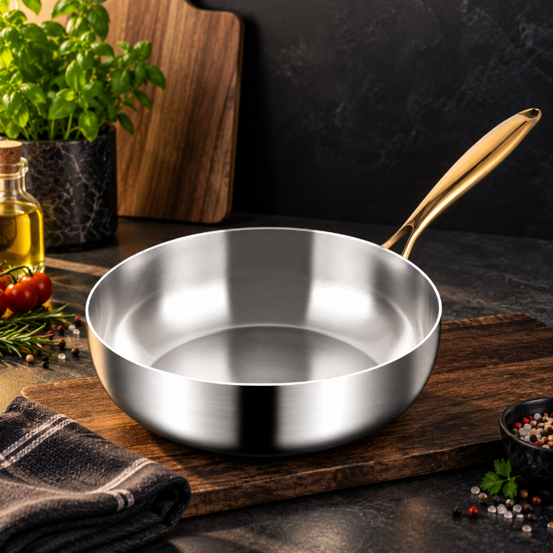 Poelon en acier inoxydable dans une cuisine chaleureuse