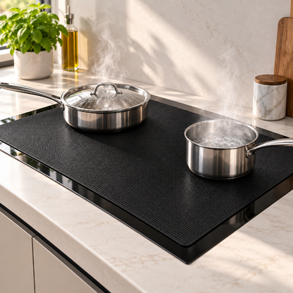 Tapis de protection de plaque induction noir sur cuisiniere fumante