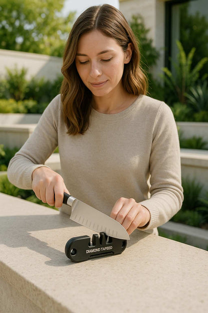 aiguiseur couteau portable ergonimique une femme qui aiguise a lexterieur