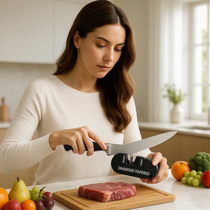 aiguiseur couteau portable ergonimique une femmequi tient un couteau