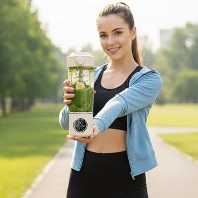 Blender smoothie tenu par une fille qui fait du sport