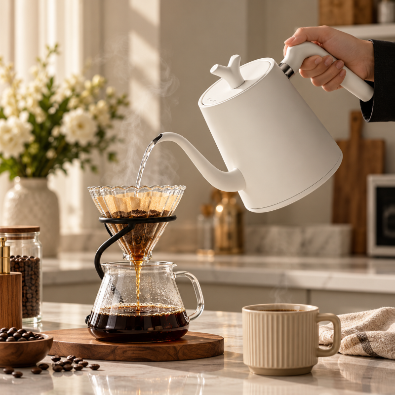 bouilloire blanche col cygne café filtre versement précis