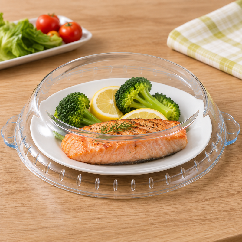 Cloche micro onde en verre couvrant un plat en sauce pour limiter les projections