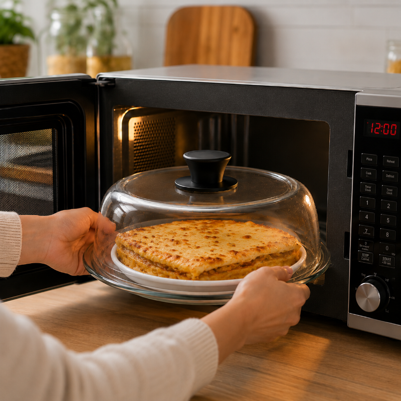 Cloche micro onde en verre couvrant une lasagne chaude pour un réchauffage pratique au micro-ondes.