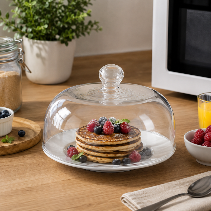 Cloche micro onde en verre transparente couvrant des pancakes et fruits rouges